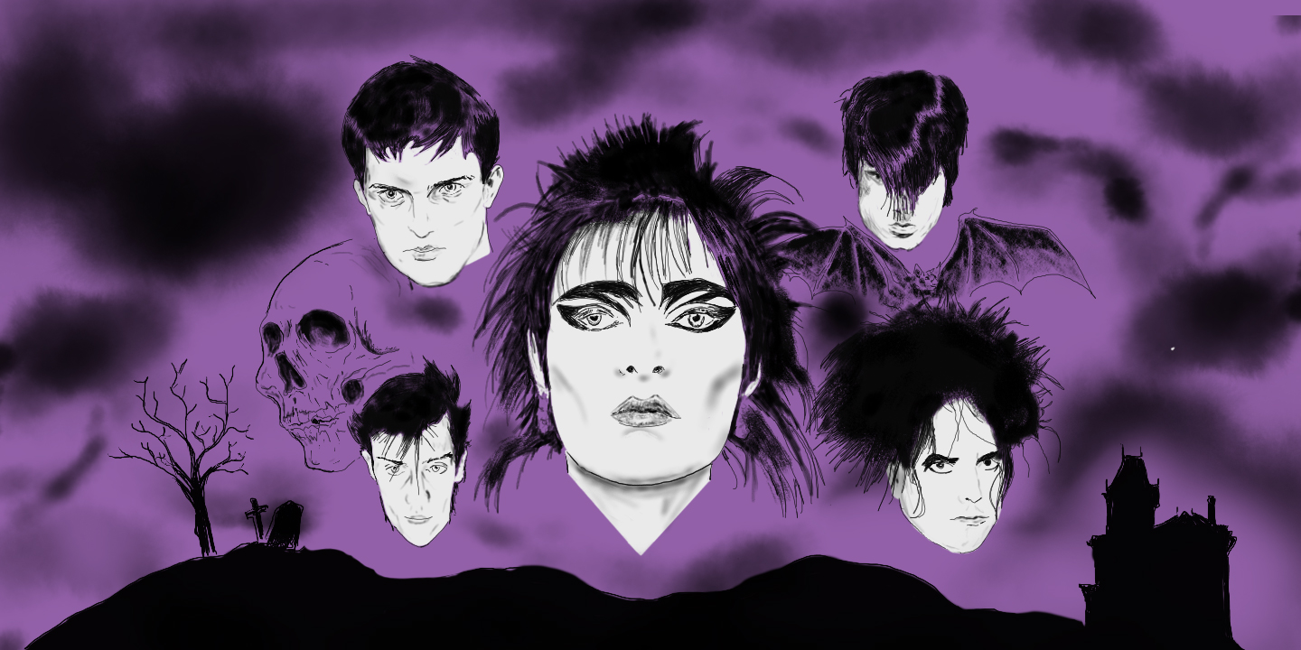 icons of goth music drawn on a purple graveyard background